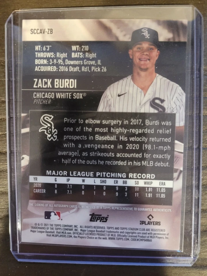 2021 Stadium Club Chrome Base Auto #SCCAV-ZB Zack Burdi - Chicago White Sox - Image 2 of 2