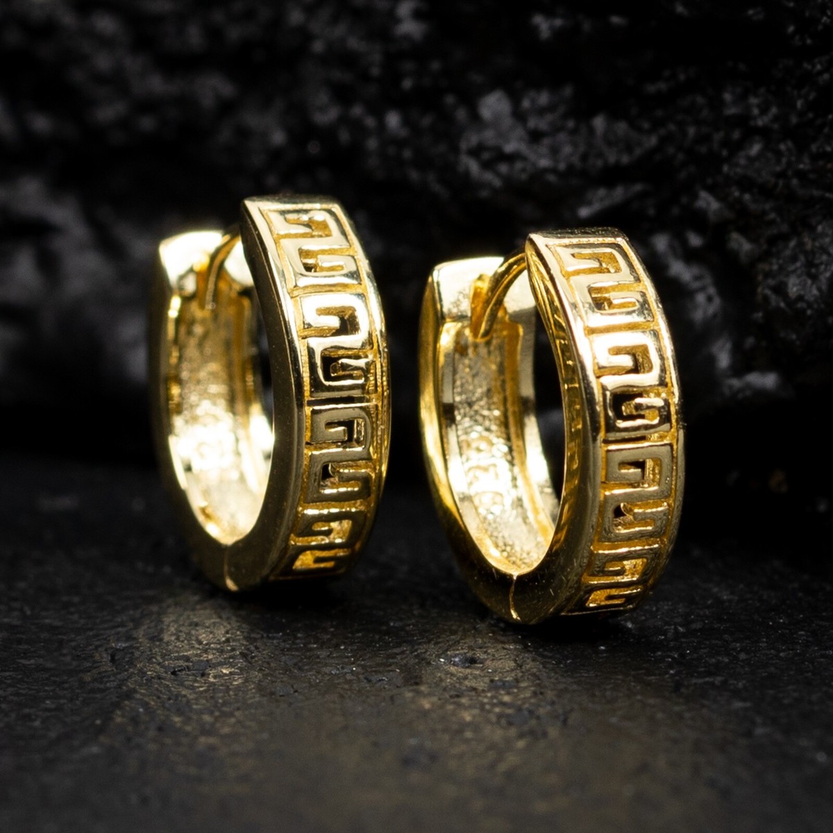 Small Solid Yellow Gold Plated Sterling Silver Men's Greek Huggie