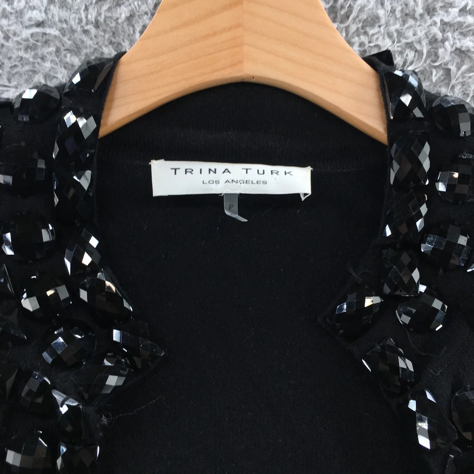 Trina Turk Open Cardigan Sweater Womens P Black Beaded Cropped Short Sleeve - Image 4 of 4