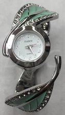 Studio Time Watch Women Silver Tone Green Resin Leaf Hinged Cuff