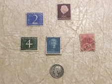 World War Two1944 NETHERLANDS&nbsp;SILVER  VAN CURACAO 1/4G COIN & 5 Stamps 1920 Lot