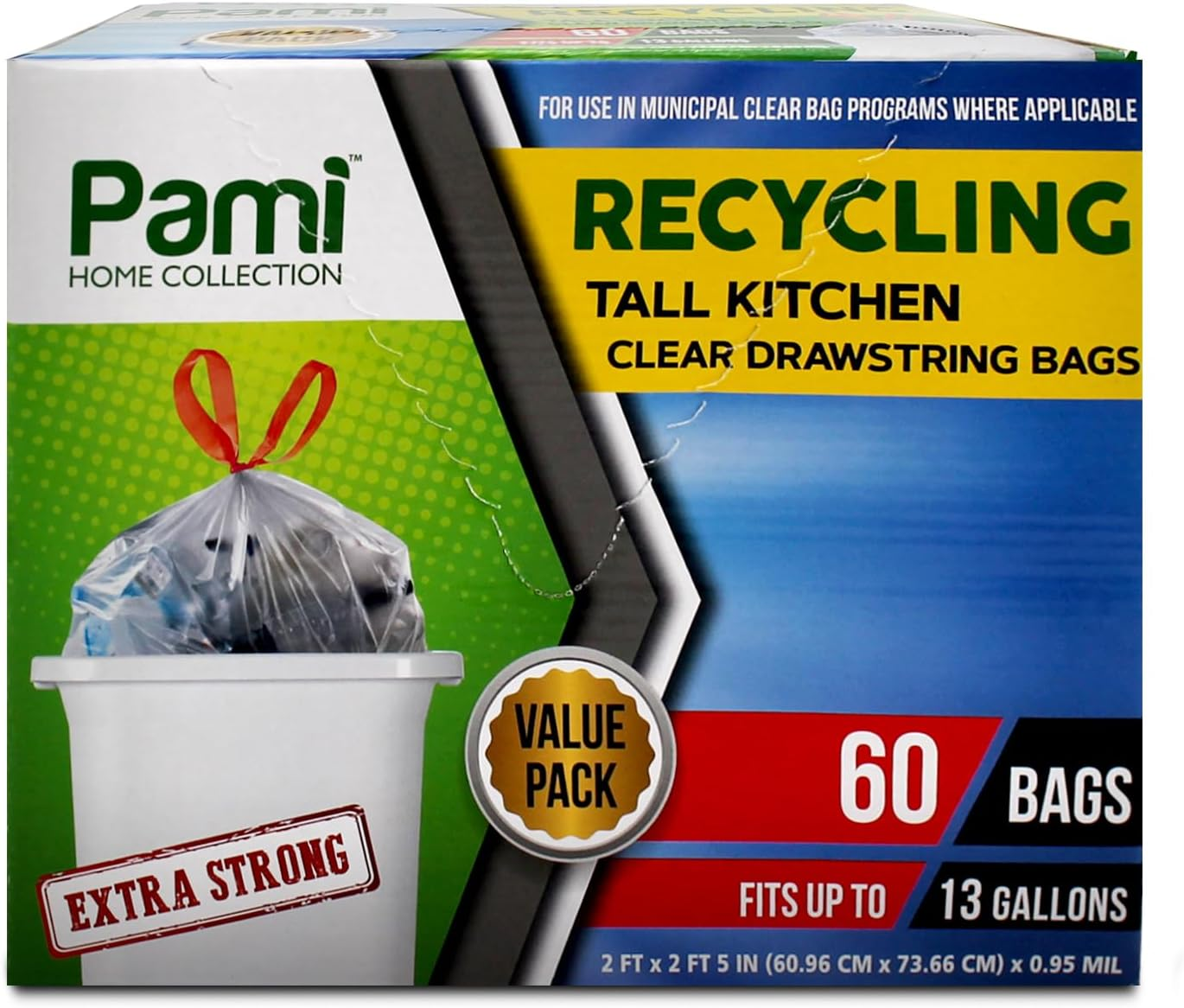 Recycling Tall 13-Gallon Kitchen Drawstring Trash Bags- Extra-Strong Plastic Gar