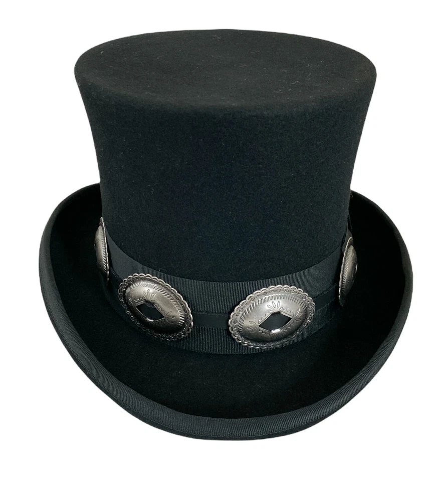 Black 100% Wool Felt Top Hat Concho Band Victorian Costume Slash Mad Hatter USA  - Image 3 of 4