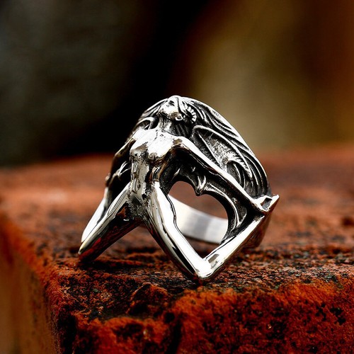 Men's Women's Gothic Wing Demon Skull Ring Stainless Steel Naked Devil Punk Ring - Picture 2 of 6