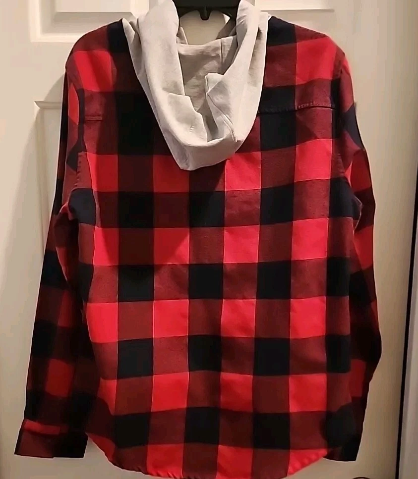 VETEMENTS Felpa con cappuccio AFWD da uomo XL rossa nera a quadri camicia abbottonata manica lunga