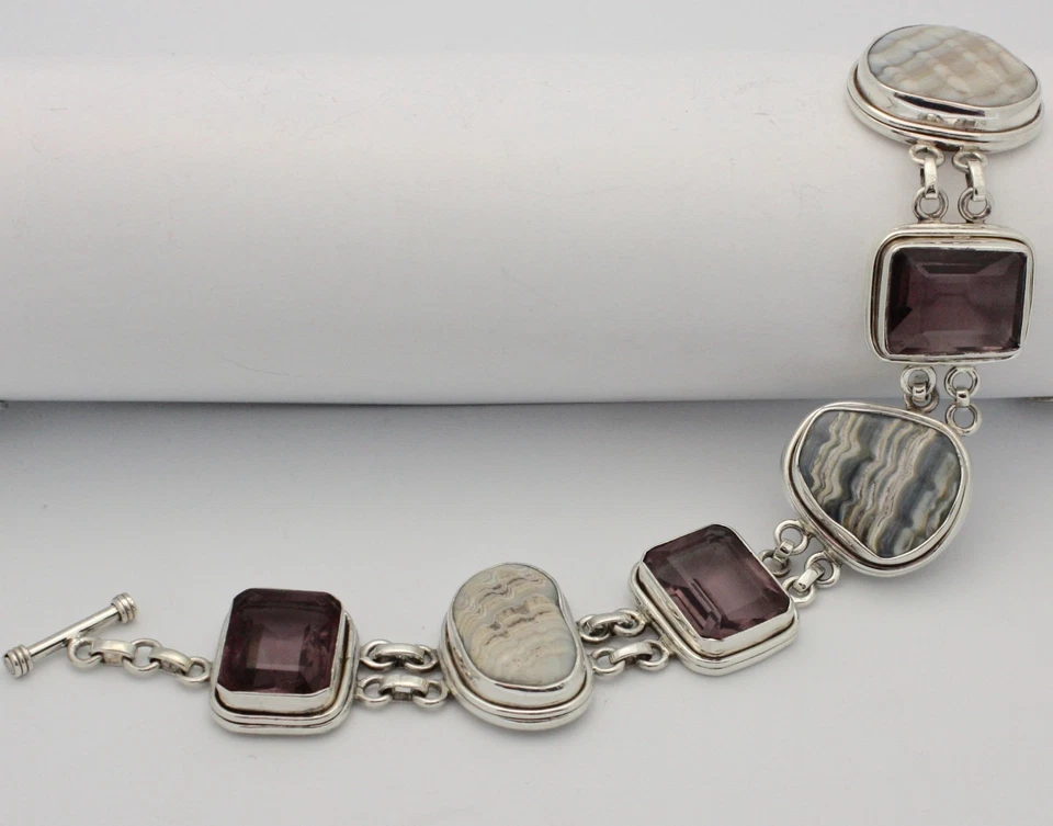 .925 STERLING SILVER GENUINE AMETHYST & SEA SHELL set in BRACELET FREE SHIPPING! - Image 4 of 4