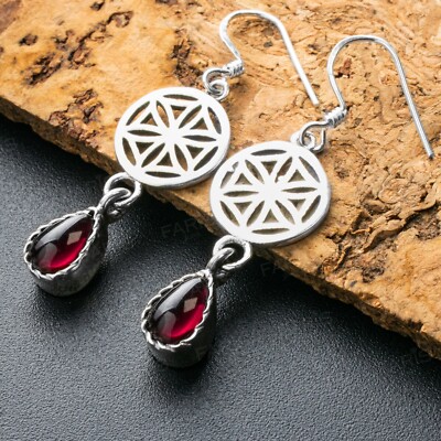 925 Sterling Silber Birnenschliff Granat Edelstein Ohrhänger Damen Mandala Ohrringe