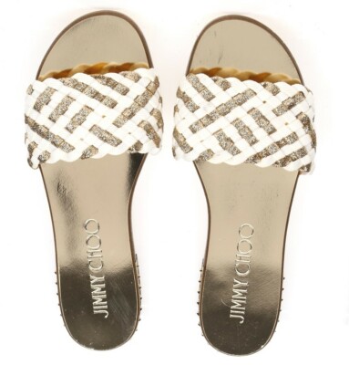 Jimmy Choo Womens Weave Gold Studded Slide Open Toe Slip On Sandals Size 35