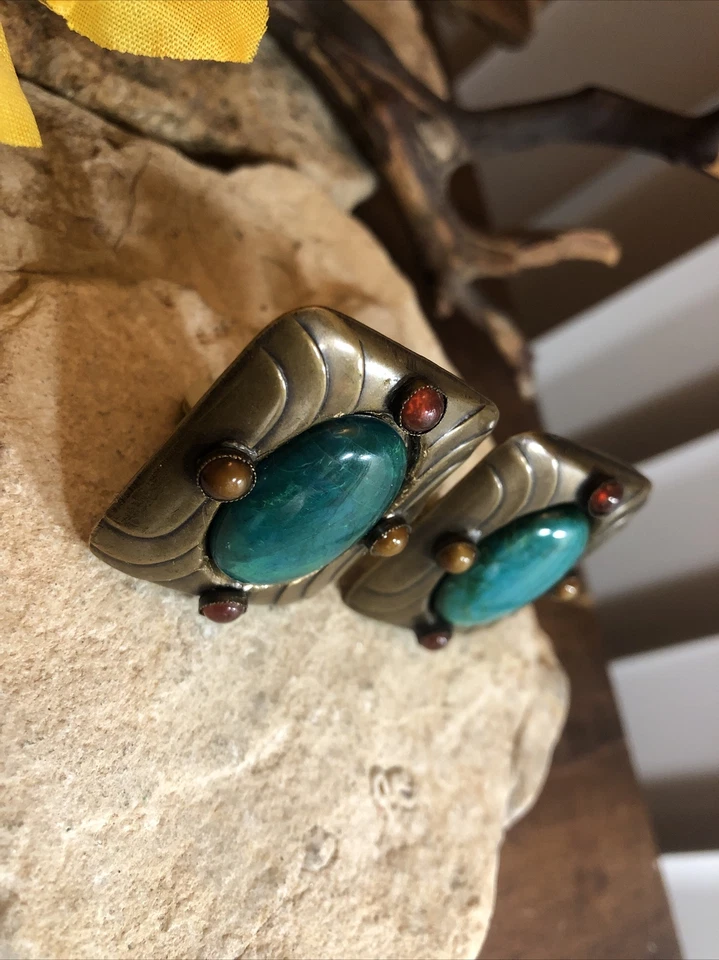 Vintage M. BAER ACC. S.F. Pendientes de clip rectangular de latón turquesa piedra Foto 2 de 4