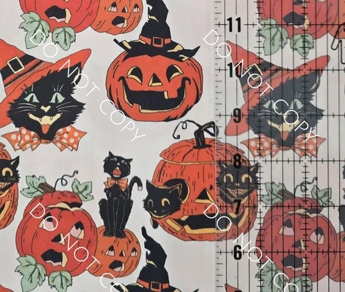 100% Cotton Woven Novelty Fabric Halloween Cats Pumpkins By The 1/4 Yard 9x56