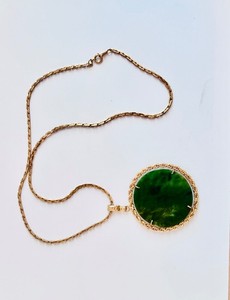Authentic Green Nephrite Jade round 23" pendant on a gold plated chain