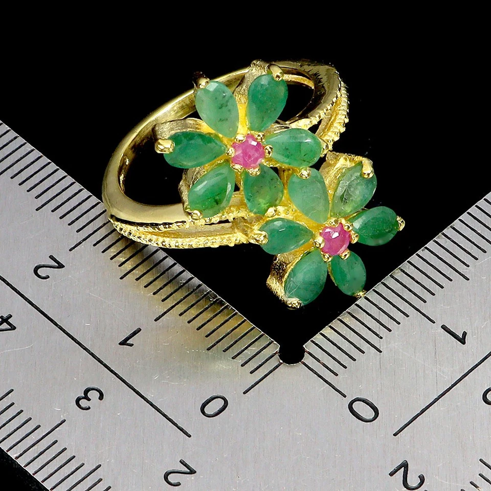 925 Sterlingsilber Ring Birne Smaragd 5x3mm Rubin Blume Edelstein Schmuck 7.5 - Bild 3 von 4