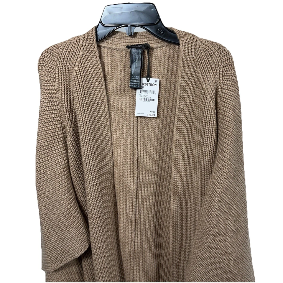 Cárdigan Poncho AllSaints Travelling Rib Ruana Para Mujer OS Cortina Beige Envolvente Nuevo con Etiquetas Foto 3 de 4