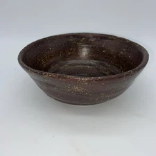 Pottery Bowl Stoneware Handmade Brown/Gold Stamped "TE" Farmhouse