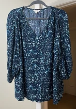 Terra & Sky Top Blue Watercolor Gauze Coastal Festival Bohemian Women's 0X Plus