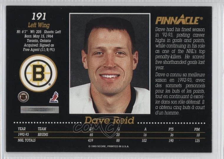 1993-94 Pinnacle French Dave Reid #191 - Image 2 of 2