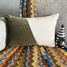 Green Velvet Linen Lumbar Pillow Cover Solid Block - Velutinous Olive