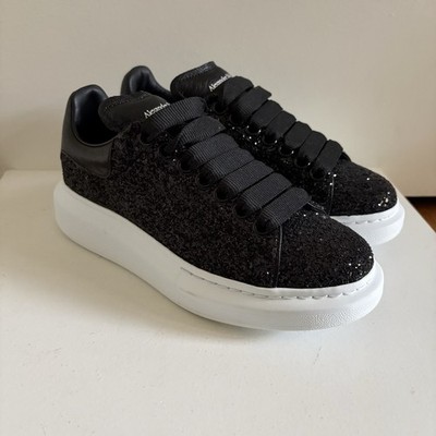 $590 Alexander McQueen Black Glitter Leather Lace Up Size 6 Platform Sneakers
