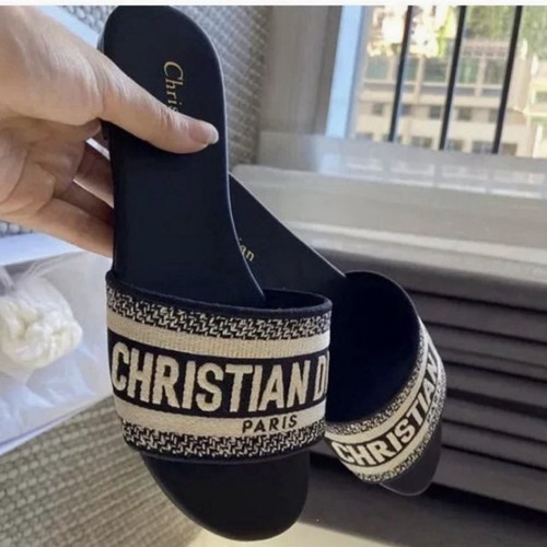 Christian Dior Women’s Logo Woven Strap Slide Sandals Slip-On Black/Beige