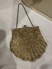 Vintage Gold Beaded Evening Bag Chain Handle Shell Shape Preowned/used