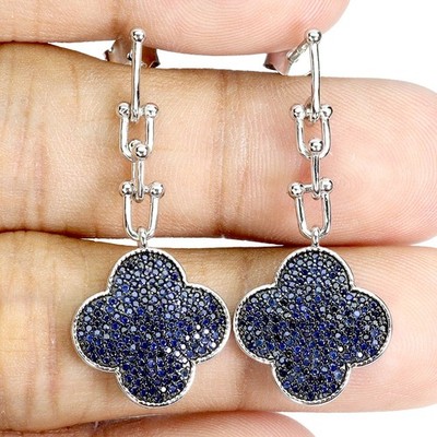 925 Sterling Silver Earrings Blue Sapphire Round Diamond Cut Gemstone Jewelry