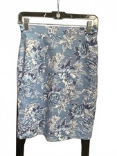 Blue Floral Pencil Skirt with Button Detail