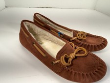 Lucky Brand Arman 3 Moccasin Slippers Womens 9M Brown Leather Faux Fur Lined