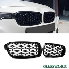 2x Diamond Front Kidney Grille For 2012-2018 BMW F30 320i 328i Gloss Black Grill