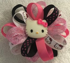 Girls Hair Bow 3 1/2" Wide Flower Hello Kitty Pink/Black/White Alligator Clip