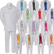 Baby Kid Teen Boy White Formal Wedding Suit Tuxedo  Color Necktie Vest sz S-20