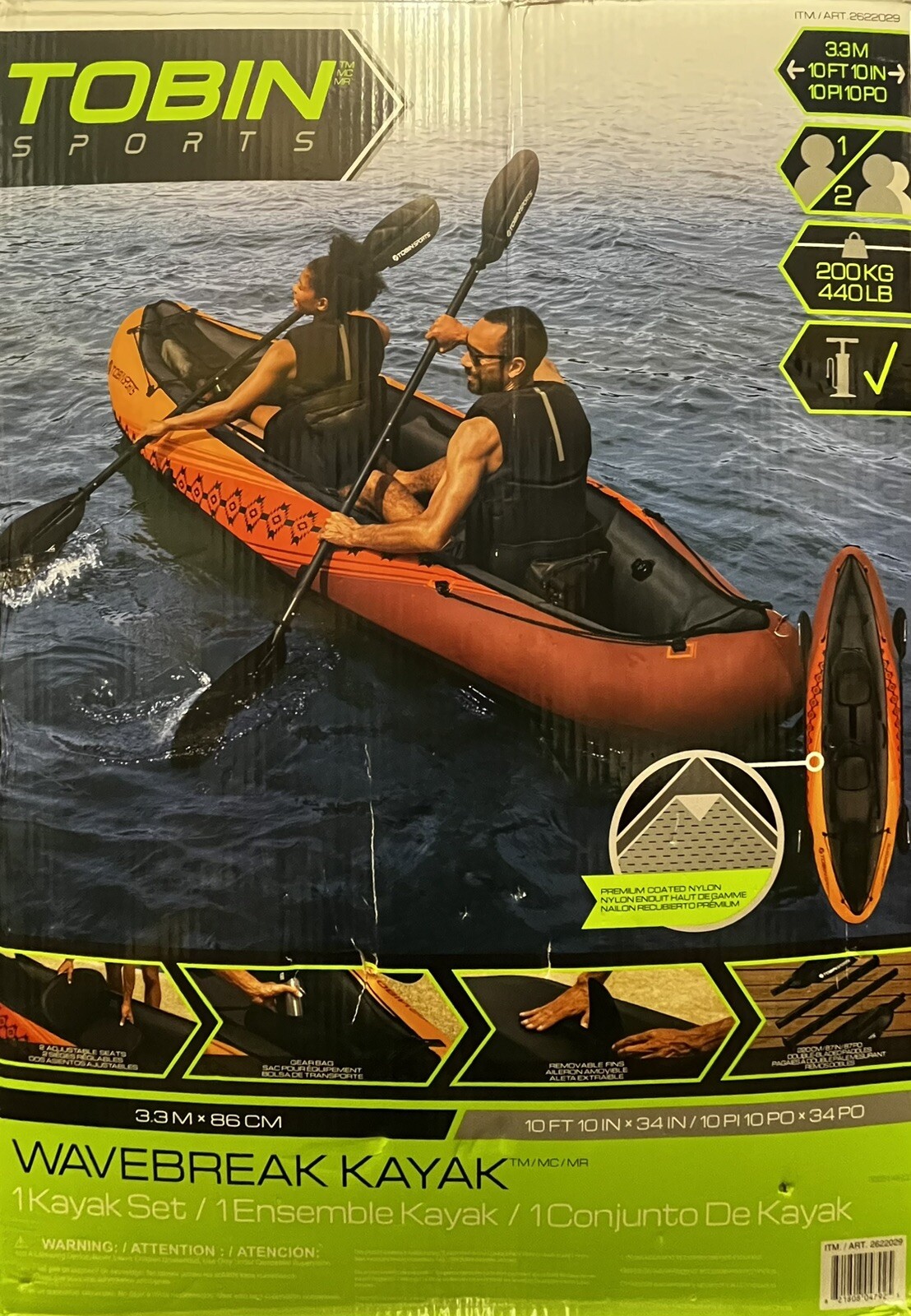 Tobin Sports Wavebreak Inflatable Kayak – 2-Person Tandem, Lightweight, Includes Paddles & Pump, Orange