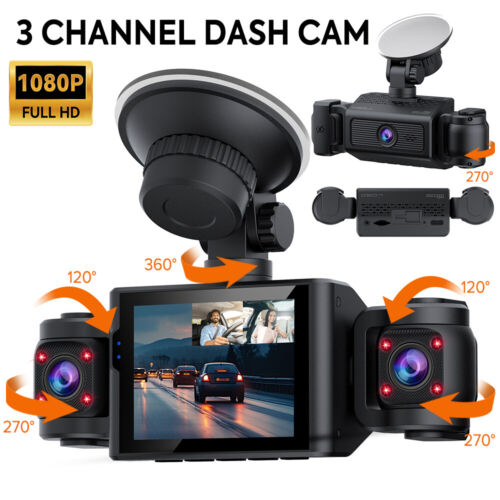 3 Camera Dash Cam 1080P Video Recorder Car DVR Front Inside Night Vision Monitor