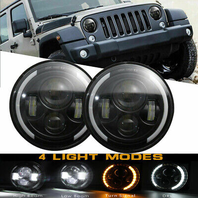 Pair 7" Inch Round LED Headlights Halo Angle Eyes For Jeep Wrangler JK LJ TJ CJ 