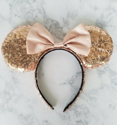 Disney Minnie Mouse Ears Headband Rose Gold Sequin Blush 
