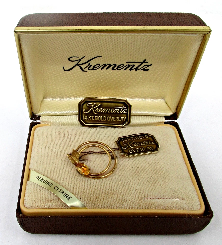 Prendedor de citrino espiral KREMENTZ firmado vintage años 60 retro con superposición de oro de 14 quilates caja original Foto 3 de 4