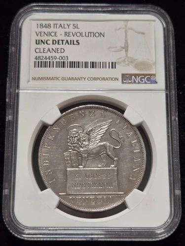 1848 Italy Silver 5 Lire, Venice - Revolution NGC UNC Details Cleaned (Z-0707)