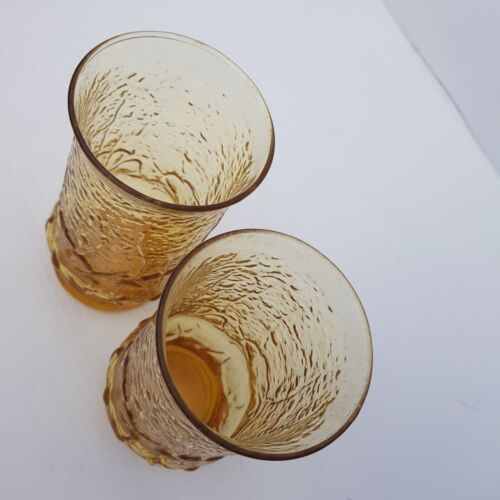 Vintage Amber Anchor Hocking Rainflower Flat Tumbler Drinking Glasses Set of 2 - Picture 7 of 8