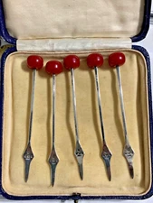 Sterling silver Cherry bakelite beads Cocktail Sticks 1932 Edward Viner