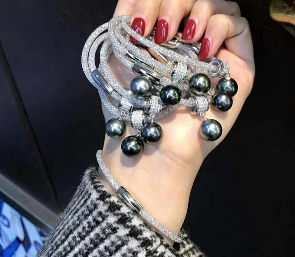 Precioso Brazalete Enorme AAA 10-11mm Mar del Sur Negro Verde Perla Redonda 925s Foto 4 de 4