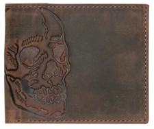 Double Skull Leather Wallet Bifold Full Grain Dia de Muertos for Good Luck