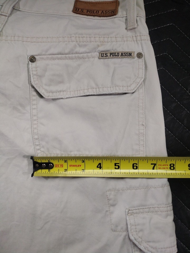 US Polo ASSN Shorts Adult 34 Ivory Khaki Cargo Pockets Leather Logo