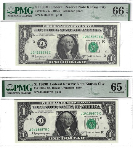 (2) Fr.1902-J 1963 $1 Federal Reserve Note Barr Notes Kansas City PMG 66 & 65EPQ
