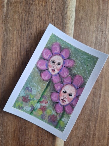 aceo original art card of creepy surreal flower faces in gouache, pastel, pencil