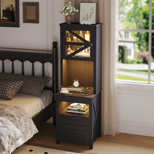 Tall Nightstands with Gun Drawer, Side Table with Charging Station & LED Lights
