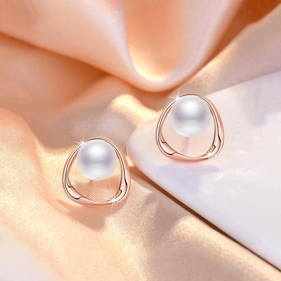 Triangle Shaped Pearl Korean Studs (Rose Gold)