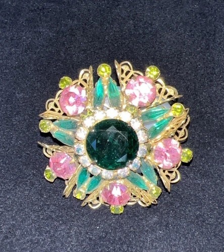 Brooch 5 color faceted, Pink, Clear, Three different Shades of Green, - Picture 5 of 5