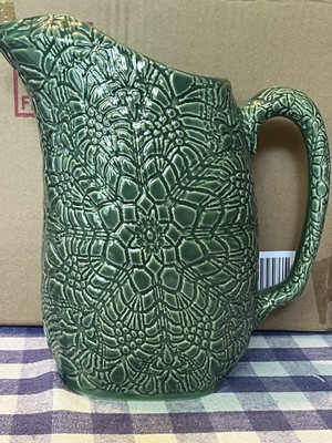 Beaver Creek Pottery Green Glazed Pitcher Ornate Pattern Water Ice Tea 9 Hx8.5 L