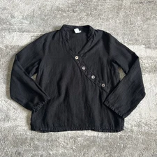 Match Point Top Womens Small V-Neck Linen Shirt Blouse Black Casual Summer