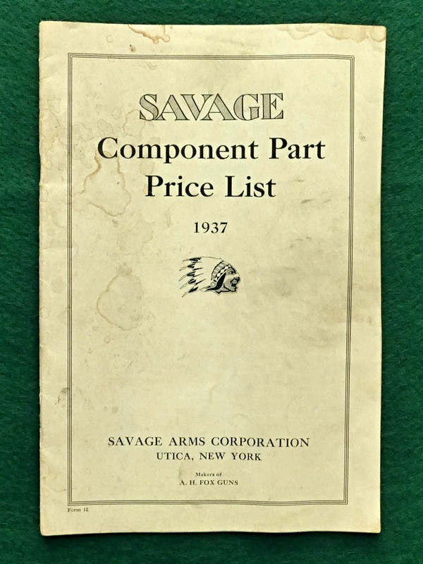 Vintage Original 1937 SAVAGE ARMS Component Parts Price List