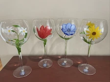 Hand Painted Floral Balloon Wine Glasses Various Flowers Never Used Set of Four